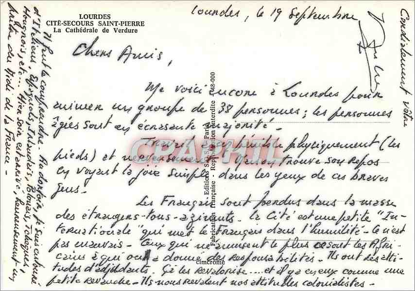 CPM Lourdes Cite Secours Saint Pierre La Cathedrale de Verdure  — Verso
