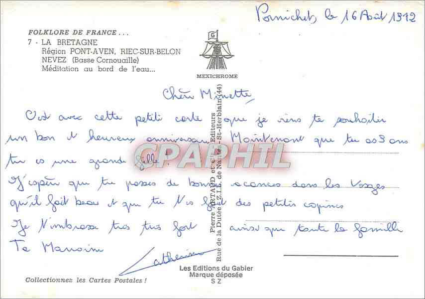 CPM La Bretagne Region Pont Aven Riec sur Belon Nevez Basse Cornouaille  — Rückseite