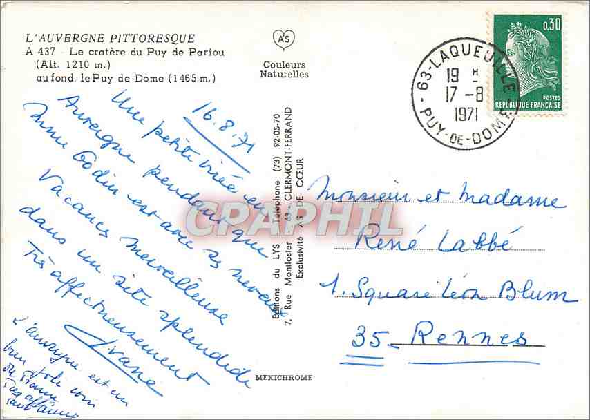CPM L'Auvergne Pittoresque Le cratere du Puy de Pariou au fond le Puy de Dome  — Verso
