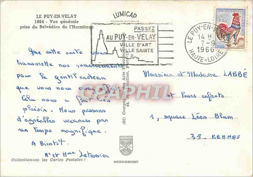 Le Puy-en-Velay — Vue générale prise du Belvédère de l'Hermitage — Éditeur LUMICAP — Back