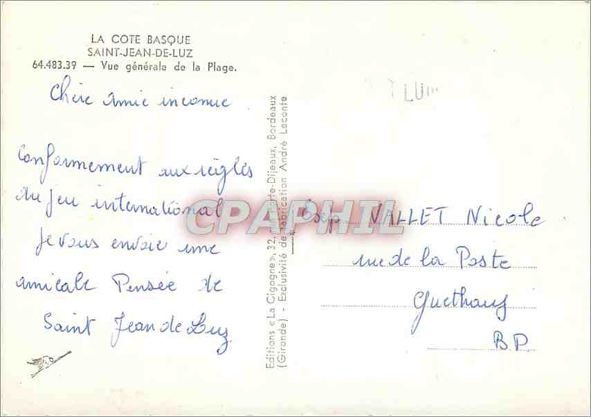 Saint-Jean-de-Luz — Vue générale de la plage — Éditions « La Cigogne » — Verso