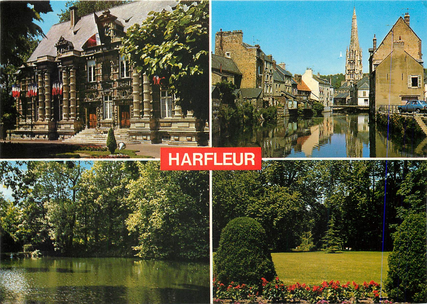 CPM Harfleur L'Hotel de Ville Le Clocher de l'Eglise se refletant dans la Lezarde Le Parc public 