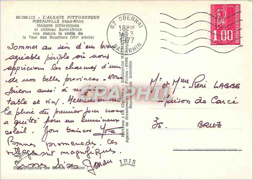 Ribeauvillé (Haut-Rhin) — Maisons pittoresques et château Saint-Ulrich vus depuis la voûte des Bouchers — Éditions d'Art Cigri, n° 68.269.112 — Back
