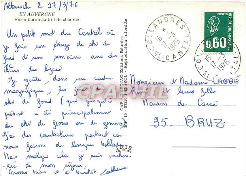 CPM En Auvergne Vieux buron au toit de chaume Ane Mule Folklore — Rückseite
