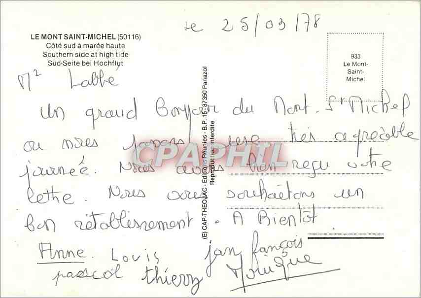 CPM Le Mont Saint Michel Cote sud a maree haute  — Verso