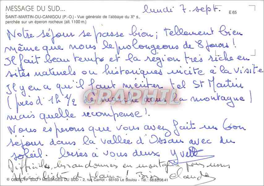 CPM Message du Sud Saint Martin du Canigou PO Vue generale de l'Abbaye  — Rückseite