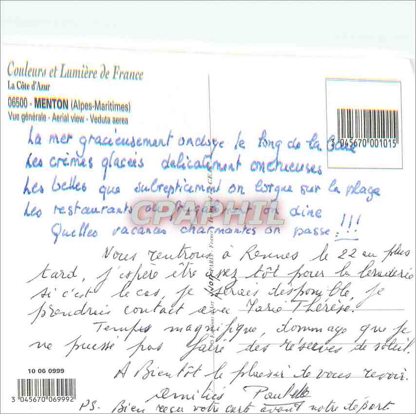 CPM Menton Alpes Maritimes Vue generale  — Rückseite