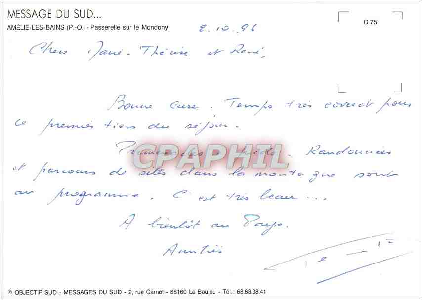 CPM Amelie les Bains PO Passerelle sur le Mondony  — Rückseite