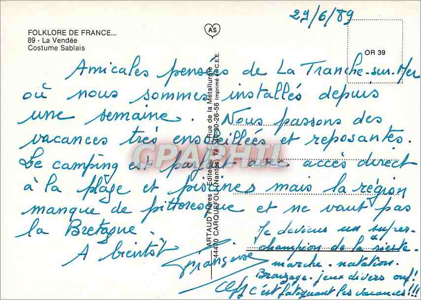 CPM Folklore de France La Vendee Costume Sablais  — Rückseite