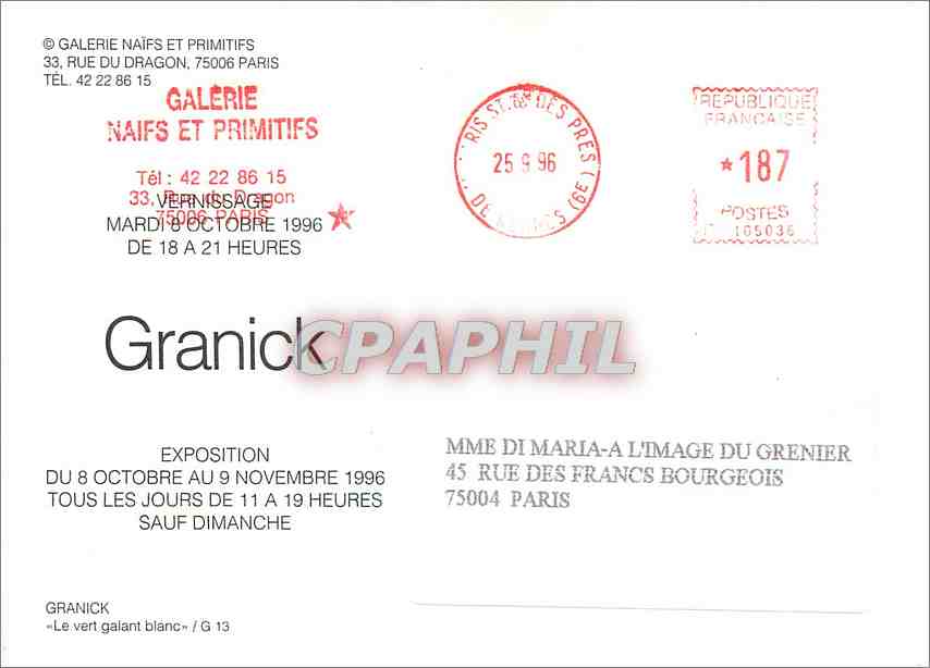 CPM Galerie Naifs et primitifs Rue du Dragon Paris Granick — Verso