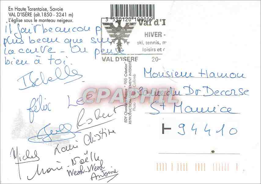 CPM Val d'Isere L'Eglise sous le monteau neigeux  — Verso