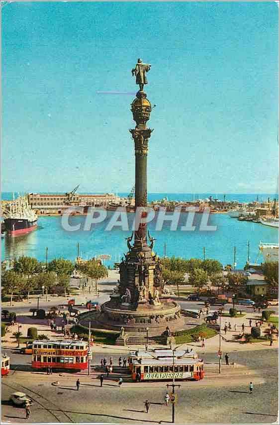 CPM Barcelona Le Monument a Colon et le port Tramway