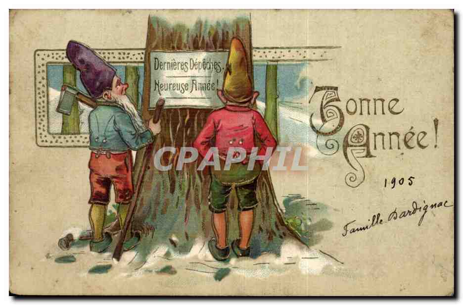 Twee dwergen die een bord lezen — Laatste Berichten — Goed jaar 1905 — Familie Bardignac