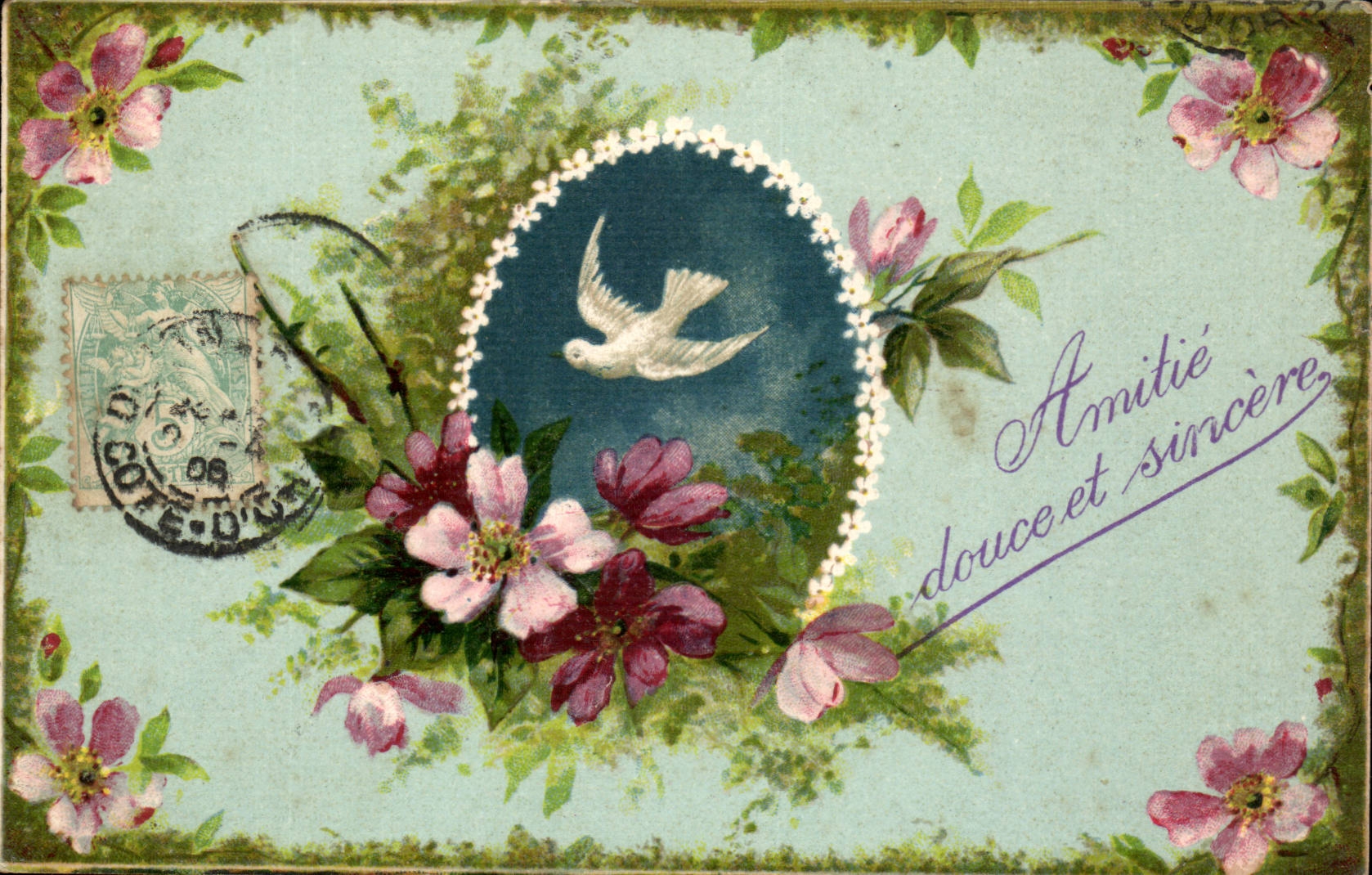CPA Fantaisie Colombe et fleurs