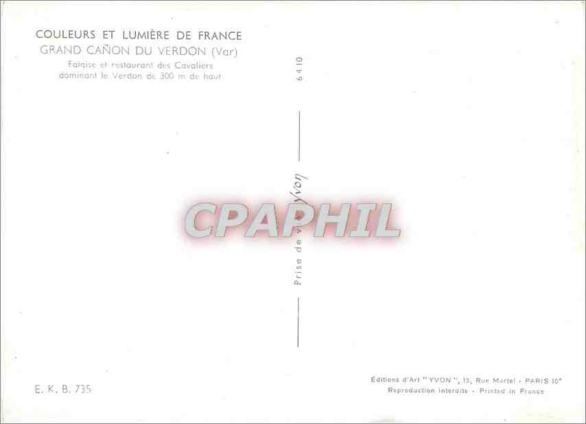 Grand Cañon du Verdon — Falaise et restaurant des Cavaliers — Éditions d'Art 'YVON' — Rückseite