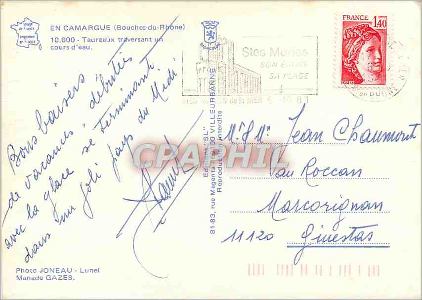 CPM En Camargue Bouches du Rhone Taureaux Traversant un cours d'Eau  — Rückseite