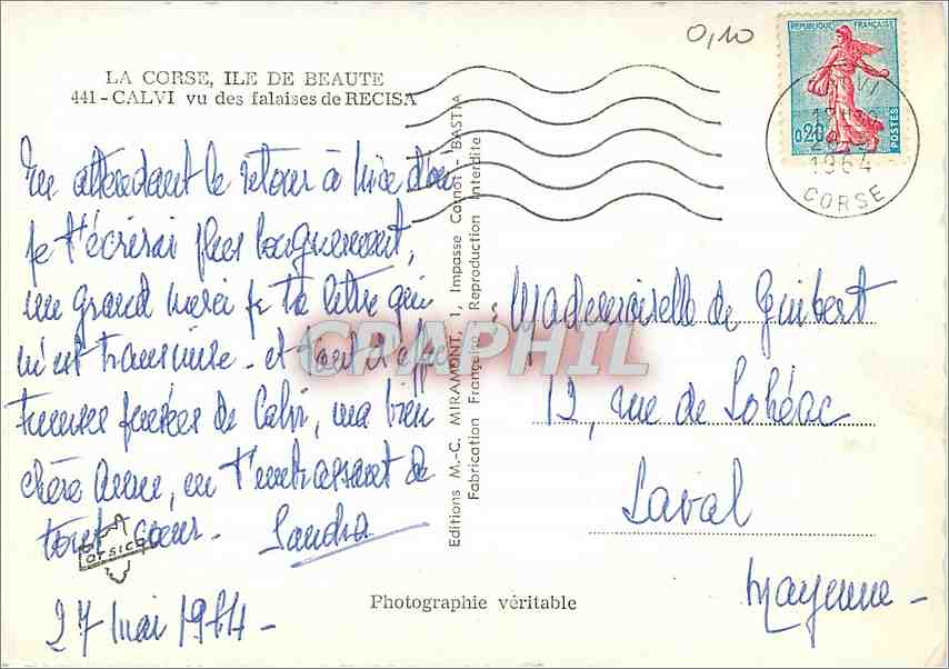 Calvi — vue des falaises de Recisa — Éditions M.-C. Miramont — Rückseite