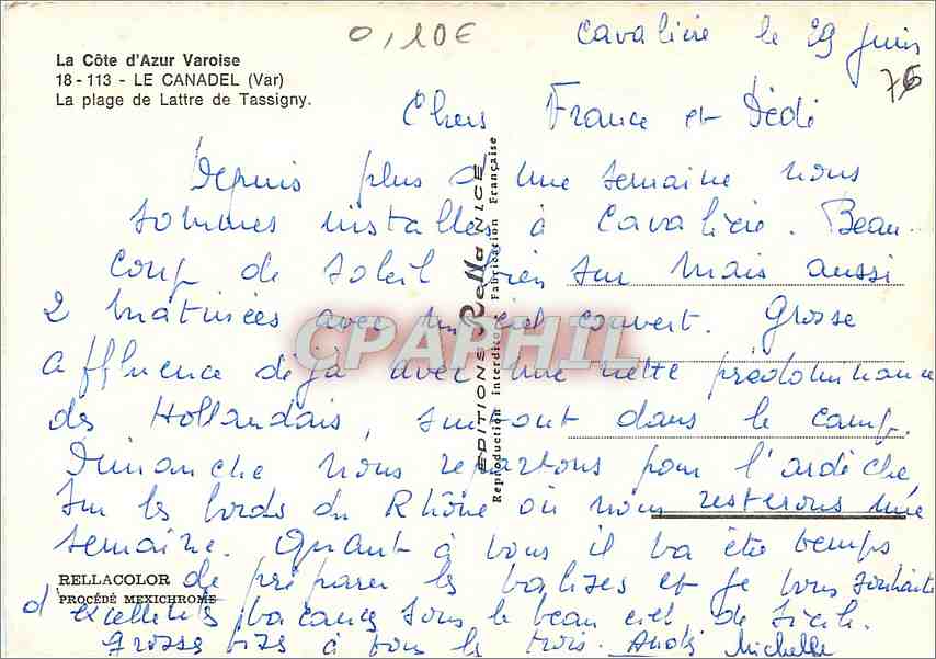 CPM Le Canadel Var La Plage de Lattre de Tassigny  — Verso
