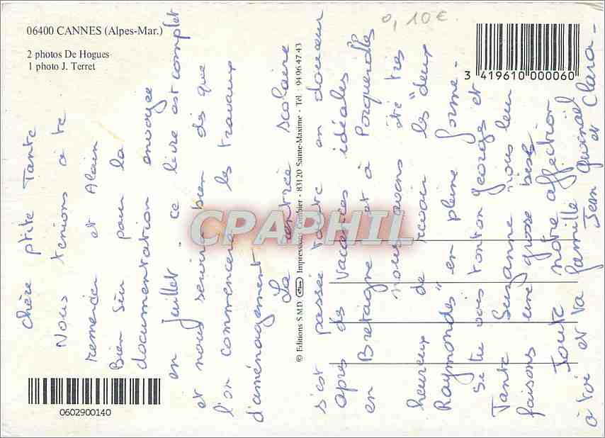 CPM Cannes Alpes Mar  — Verso