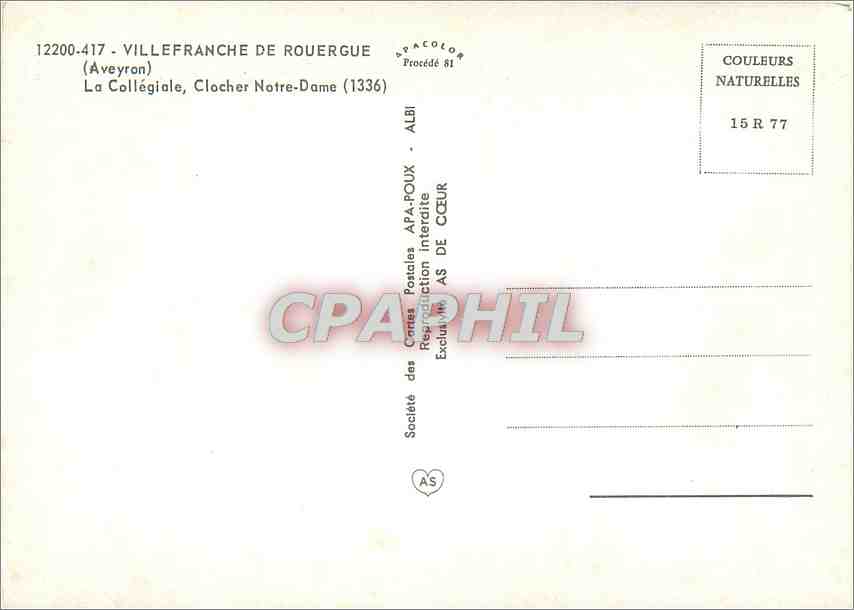 CPM Villefranche de Rouergue Aveyron La Collegiale Clocher Notre Dame  — Rückseite