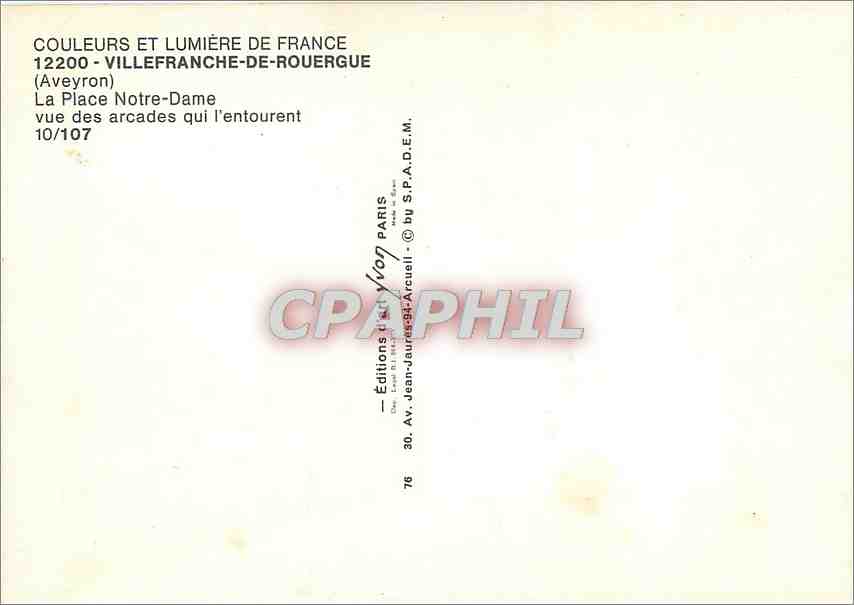 CPM Villefranche de Rouergue Aveyron La Place Notre Dame vue des arcades qui l'Entourent  — Verso