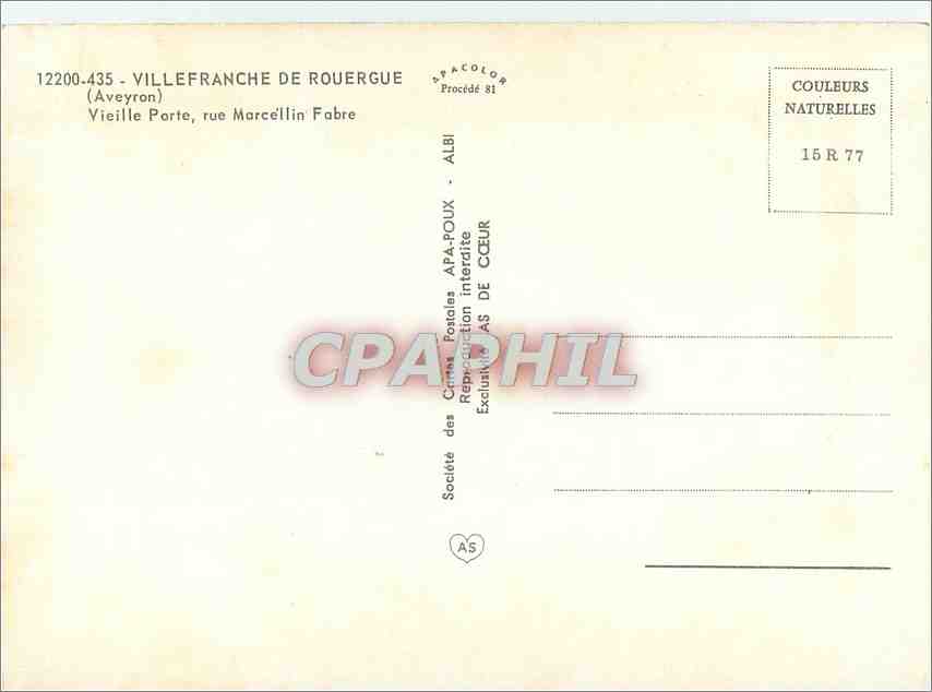 Villefranche de Rouergue — Vieille Porte, rue Marcéllin Fabre — Société des Cartes Postales APA-ROUX - ALBI — Reverso