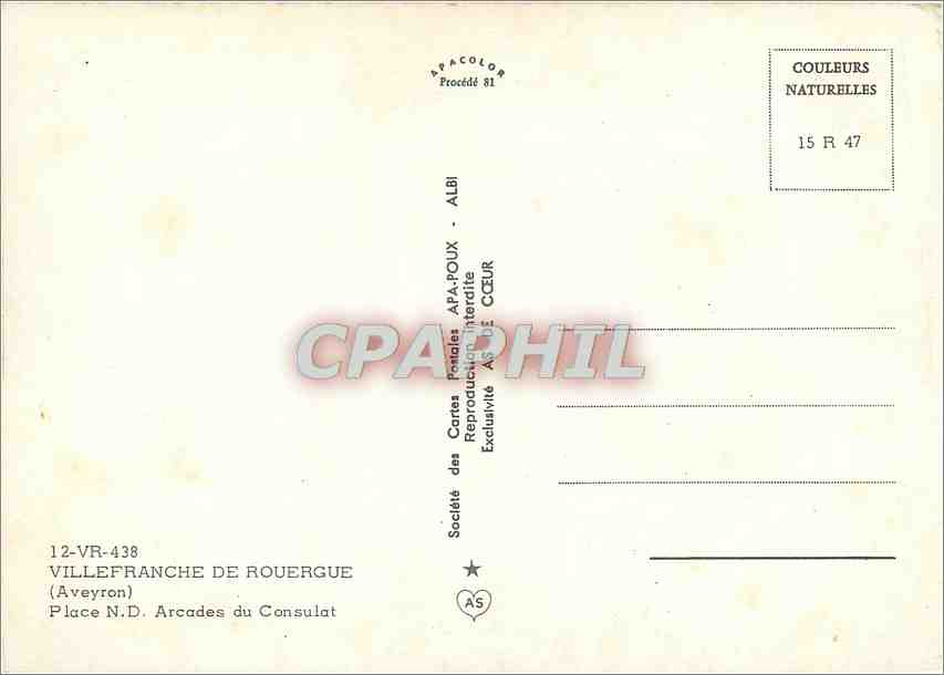 Arcades du Consulat — Villefranche-de-Rouergue (Aveyron) — Société des Cartes Postales APA-POUX — Rückseite