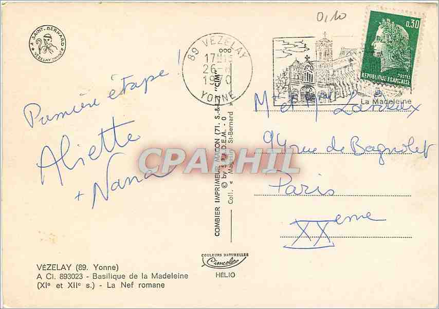 CPM Vezelay Yonne Basilique de la Madeleine La Nef romane  — Rückseite