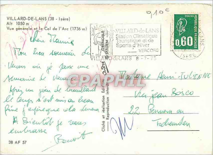 CPM Villard de Lans Isere Vue generale et le Col de l'Arc  — Rückseite