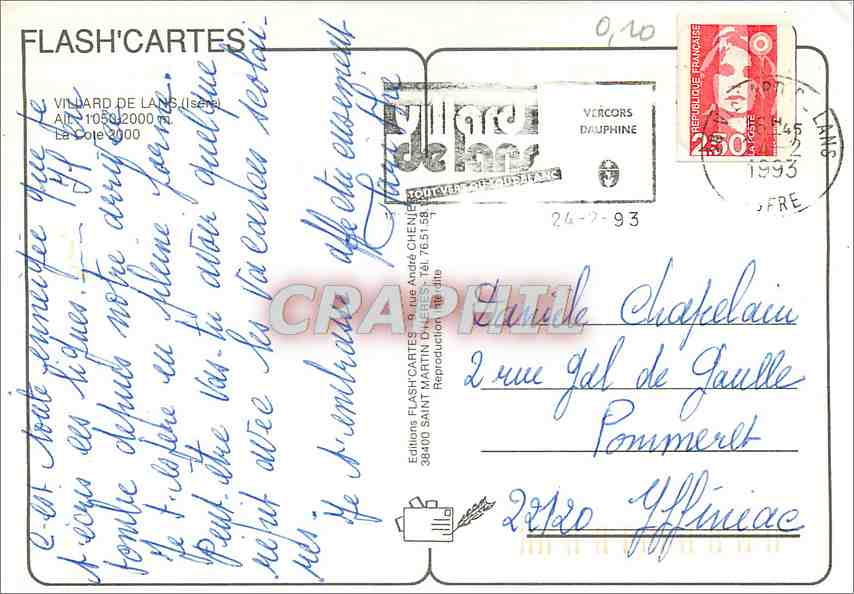 CPM Villard de Lans Le rang des agneaux Les aretes du Gerbier — Back