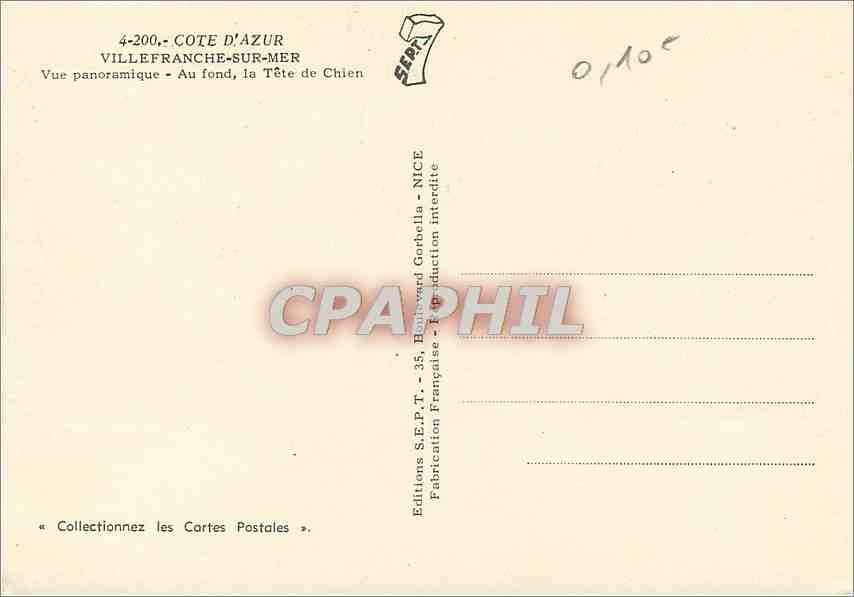 Côte d'Azur — Panoramablick — Im Hintergrund, die Tête de Chien — Éditions S.E.P.T. - 35, Boulevard Gorbella - NICE — Rückseite