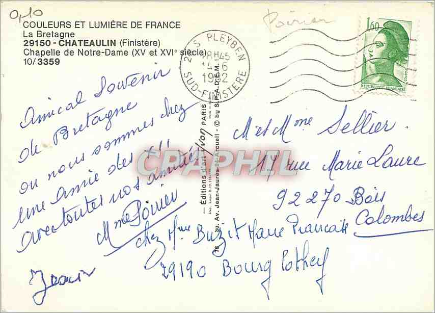 CPM La Bretagne Chateaulin Finistere Chapelle de Notre Dame  — Rückseite