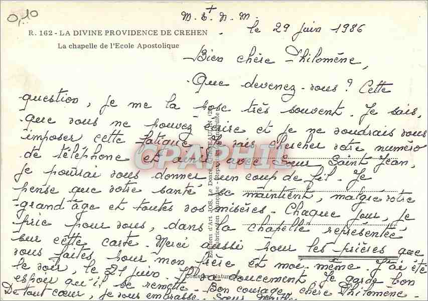 CPM La Divine Providence de Crehen La Chapelle de l'Ecole Apostolique  — Rückseite