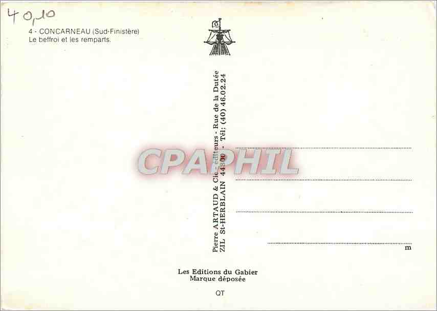 CPM Concarneau Sud Finistere Le beffroi et les Remparts  — Verso
