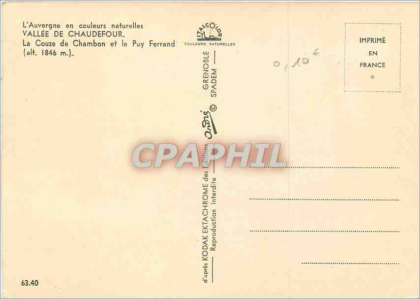CPM Vallee de Chaudefour La Couze de Chambon et le Puy Ferrand  — Verso