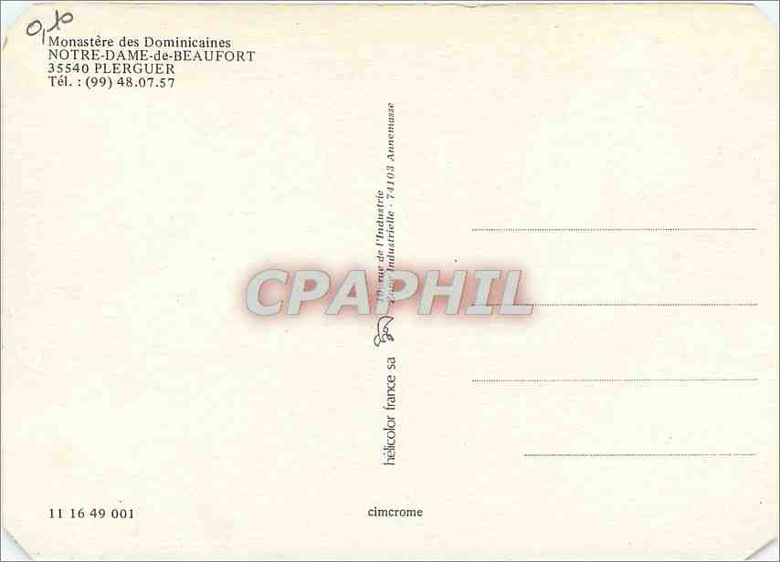 Château de Plerguer — Monastère des Dominicaines — éditeur Hélicolor France SA, n° 11 16 49 001 — Verso