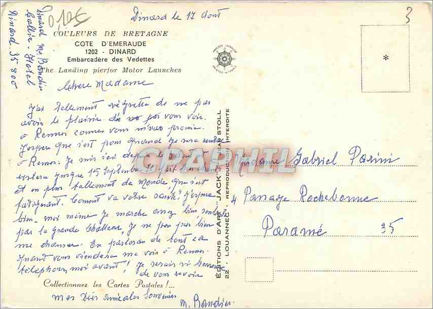 CPM Cote d'Emeraude Dinard Embarcadere des Vedettes  — Rückseite
