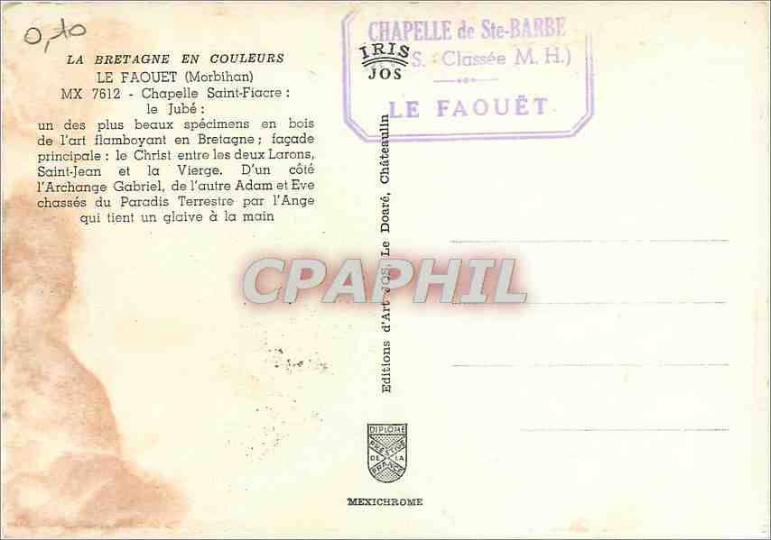 CPM Le Faouet Morbihan Chapelle Saint Fiacre le Jube  — Rückseite