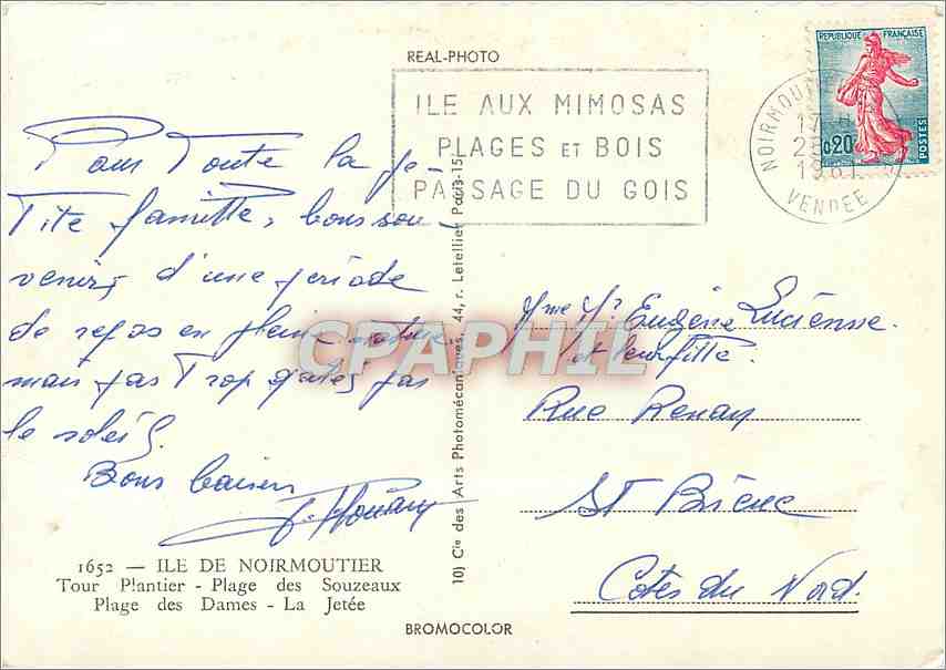 CPM Ile de Noirmoutier Tour Plantier Plage des Souzeaux Plage des Dames La Jetee Bateau — Back