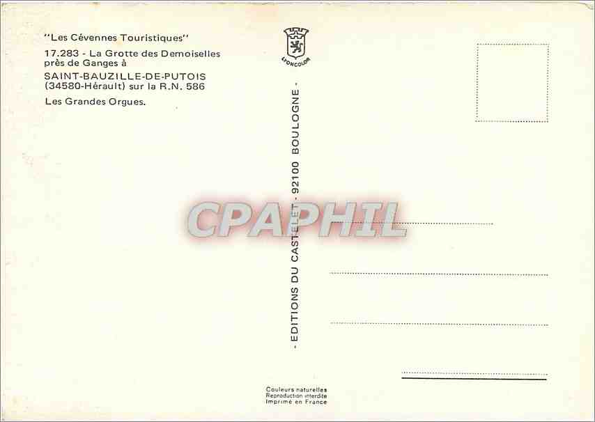 CPM La Grotte des Demoiselles pres de Ganges a Saint Bauzille de Putois Les Grandes Orgues  — Rückseite