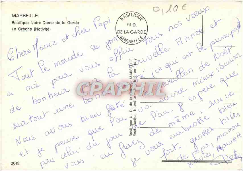CPM Marseille Basilique Notre Dame de la Garde La Creche Moulin — Rückseite