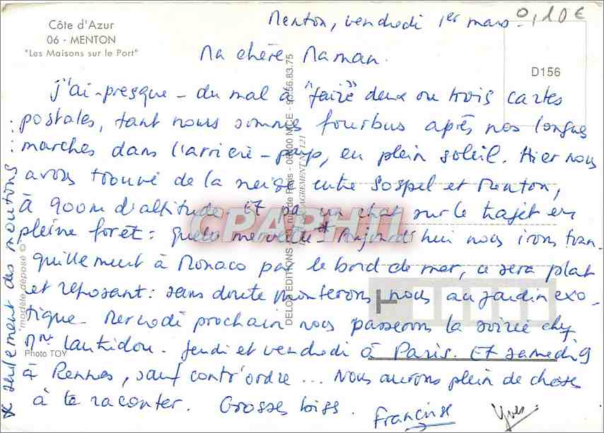 CPM Cote d'Azur Menton Les Maisons sur le Port  — Rückseite