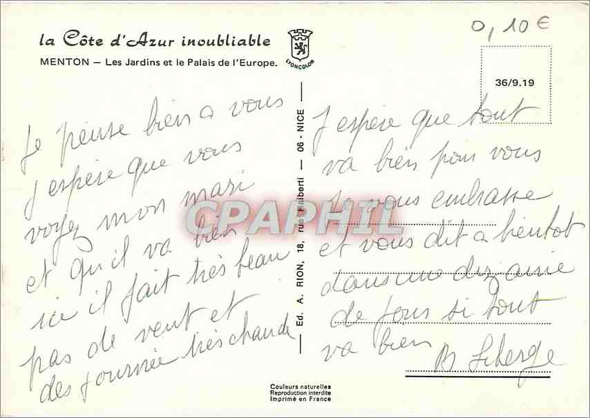 CPM Menton Les Jardins et le Palais de l'Europe  — Rückseite