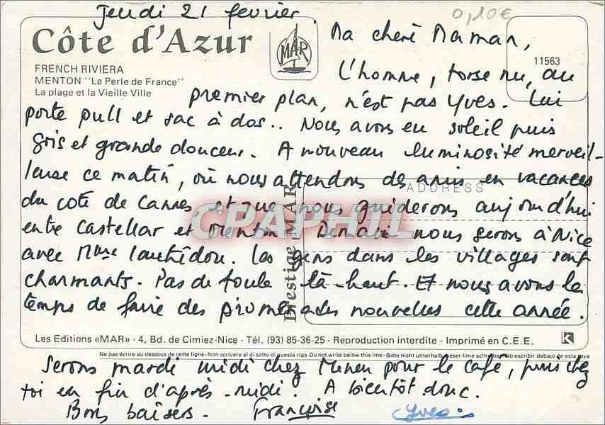 CPM Menton La Perle de France La Plage et la Vieille Ville  — Rückseite