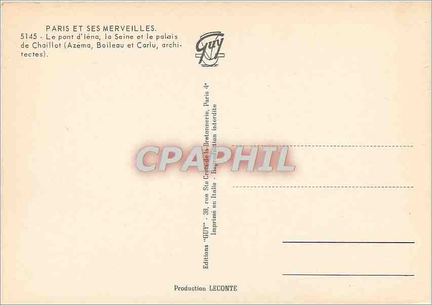 CPM Paris et ses Merveilles Le pont d'lena la Seine et le palais de Chaillot  — Rückseite