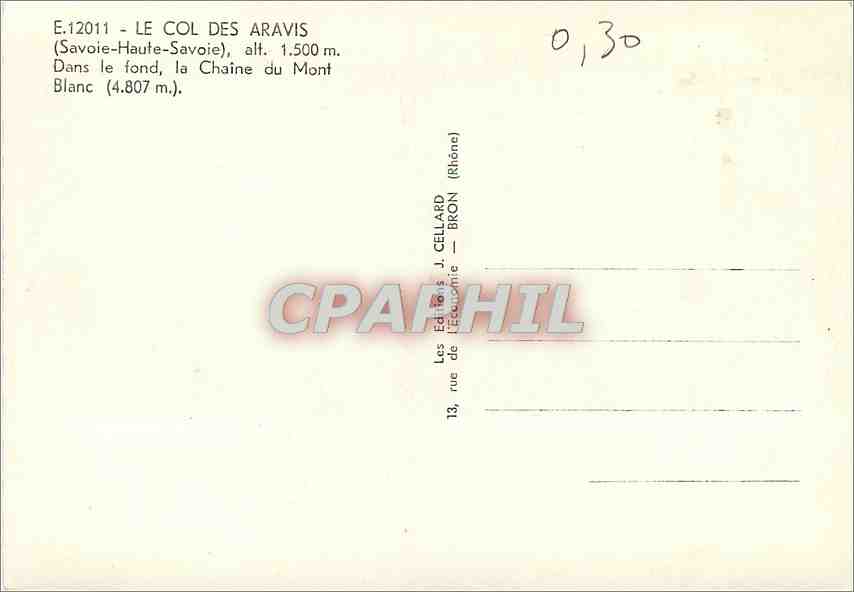 Col des Aravis — Savoie-Haute-Savoie, alt. 1.500 m. — Éd. J. Cellard — Bron (Rhône) — Rückseite