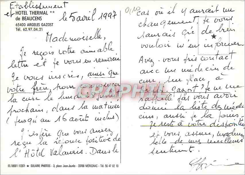 Hôtel Thermal de Beaucens — Argeles Gazost — Solaire Photos, Mérignac — Rückseite