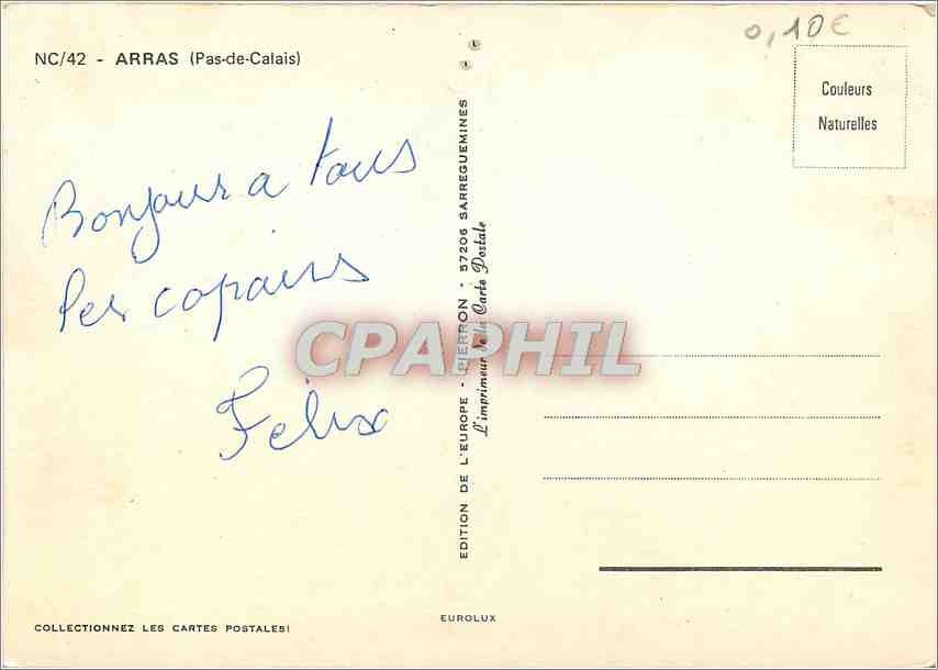 CPM Arras (Pas de Calais) — Rückseite