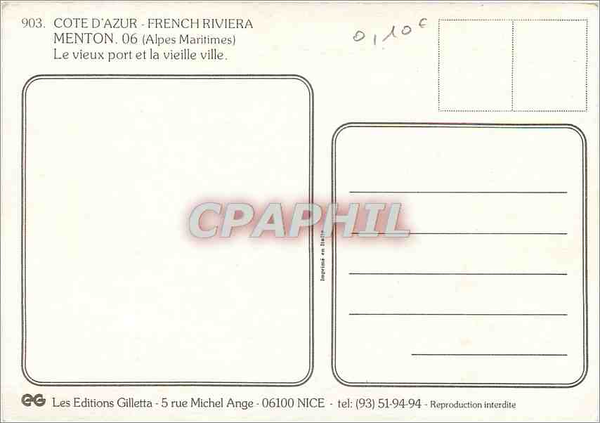 CPM Cote d'Azur French Riviera Menton (A M Le vieux port et la vieille Ville — Rückseite