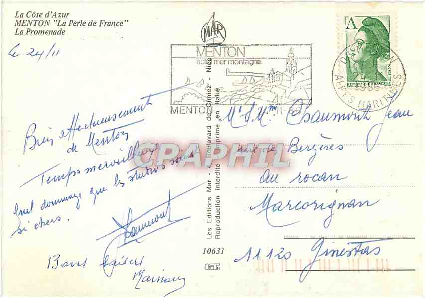 CPM La Cote d'Azur Menton La Perle de France La Promenade — Rückseite